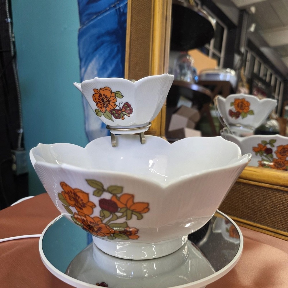 Vtg Lotus Chip and Dip Vintage Ceramic Set Floral 1970's Flowers Butterfly - Picture 9 of 12